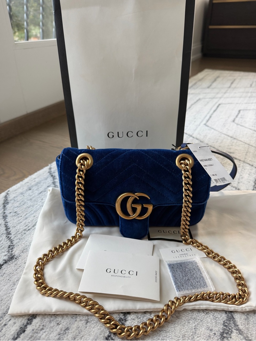 Gucci Blue Velvet Shoulder Bag with Gold Double G